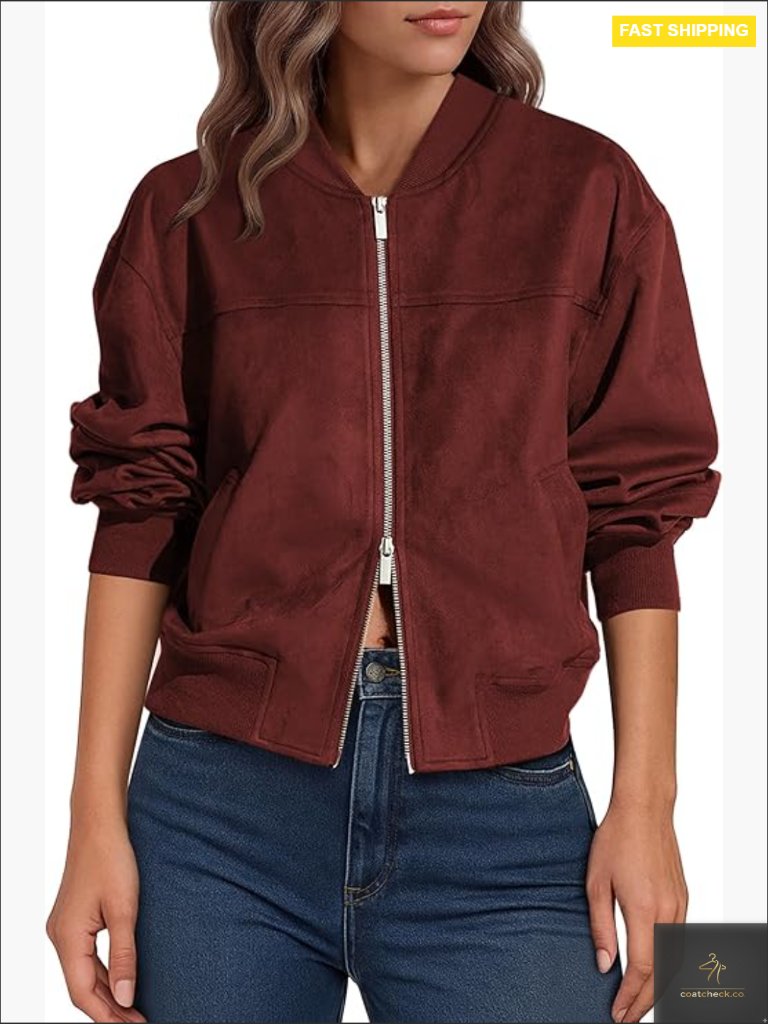 Faux Suede Bomber Jacket Zip Up Stand Collar Fall Winter Coat Womens Short